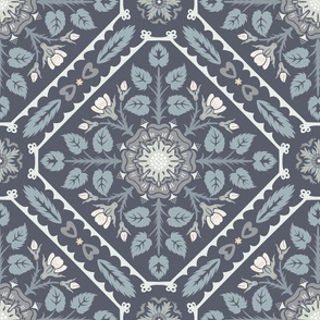 medieval floral damask with roses on bluish gray | large