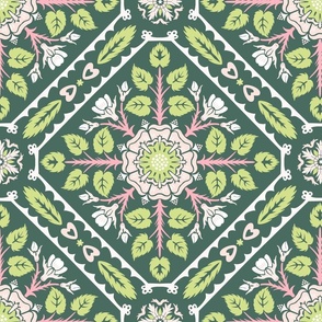 medieval floral damask with pink roses on dark green | large