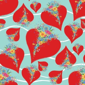 Red  Valentine Blooming Hearts with tiny little flowers in green, yellow, pink and blue- Medium