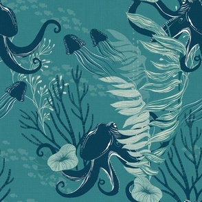 Celebrating Oceans with Octopus, Jellyfish and Kelp in Teals and Blues