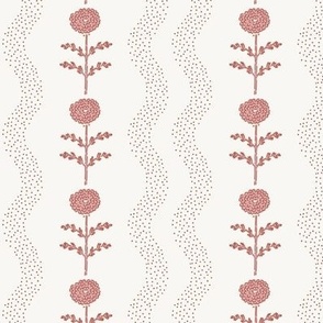 Block Printed Carnation Flowers with Dotted Wavy Stripes in Dusty Purple | Floral Wallpaper