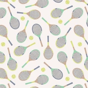 Sporty tennis player design - Vintage fifties Tennis Rackets and balls mint lime gray on ivory cream