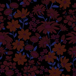 Wildflower meadow wallpaper in berry rust blue on black