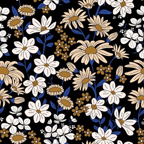 Wildflower meadow wallpaper in ochre beige navy blue on black