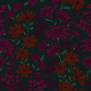 Wildflower meadow wallpaper in purple rust vintage green on charcoal gray