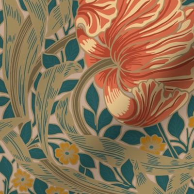 Pimpernel - LARGE 21“ historical reconstructed damask moody floral wallpaper by William Morris - shiny orange and sage dark green antiqued restored reconstruction  art nouveau art deco