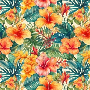 Bright Vintage Hawaiian Hibiscus Watercolor in Coral and Pink