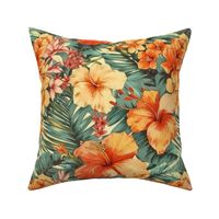 Bright Vintage Hawaiian Hibiscus Watercolor in Coral and Peach