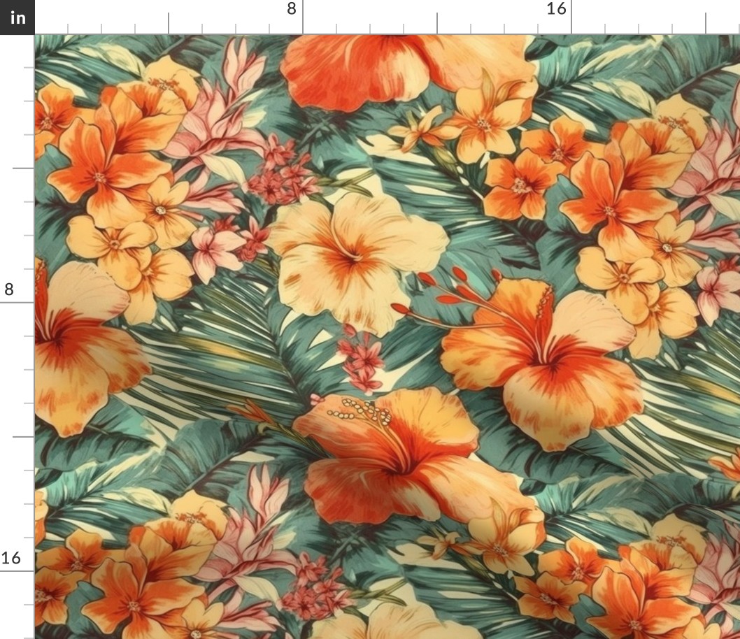 Bright Vintage Hawaiian Hibiscus Watercolor in Coral and Peach