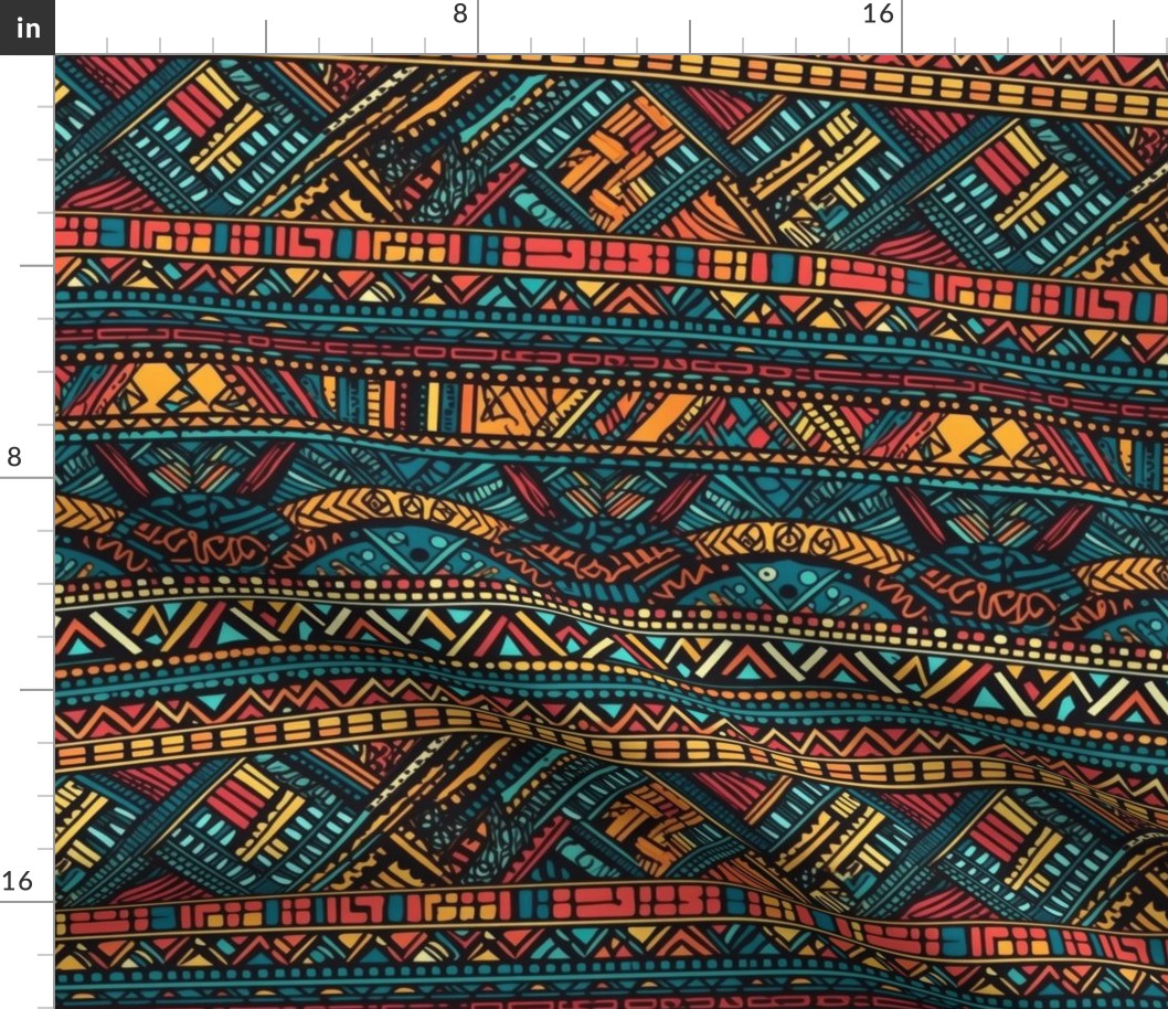 Tribal Mudcloth Boho Ethnic Print in Aqua, Teal, Gold and Orange