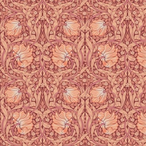 Pimpernel - SMALL 10“ historical reconstructed damask moody floral wallpaper by William Morris - Royal Red Flush Sienna Color-Lotus Indian Red Color - Dark Salmon antiqued restored reconstruction  art nouveau art deco