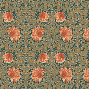 Pimpernel - SMALL 10“ historical reconstructed damask moody floral wallpaper by William Morris - shiny orange and sage dark green antiqued restored reconstruction  art nouveau art deco
