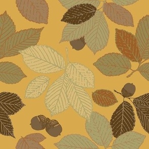 Chestnut Oak leaves  & acorns on yellow