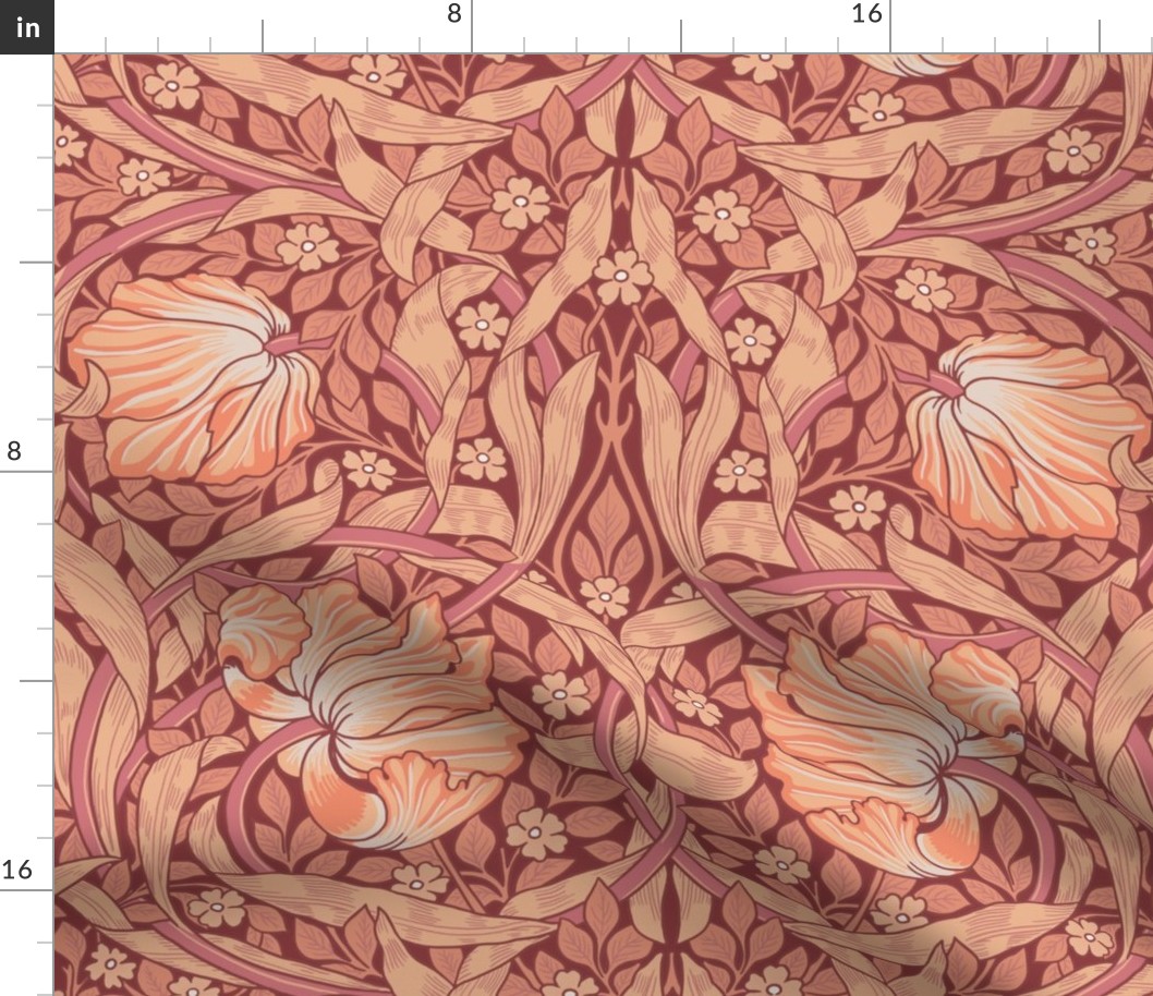 Pimpernel - LARGE 21“ historical reconstructed damask moody floral wallpaper by William Morris - Royal Red Flush Sienna Color-Lotus Indian Red Color - Dark Salmon antiqued restored reconstruction  art nouveau art deco