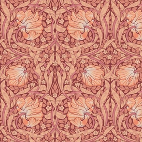 Pimpernel - MEDIUM 14“ historical reconstructed damask moody floral wallpaper by William Morris - Royal Red Flush Sienna Color-Lotus Indian Red Color - Dark Salmon antiqued restored reconstruction  art nouveau art deco