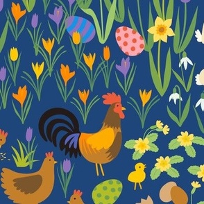 Easter Egg Hunt, Spring garden - dark blue - cute floral by Cecca Designs