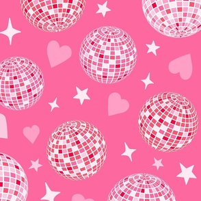 Disco ball Valentine with hearts and sparkling stars in pinks, light pink, red and white. // Large