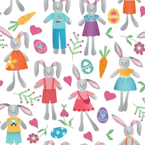 Easter Bunny Dolls with Valentines Hearts and Easter Eggs on White Large Scale