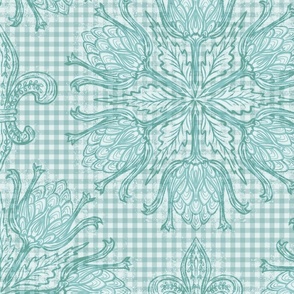 artichoke  &  fleur de lis toile in muted teal blue green | French Country mid aqua turquoise and cream off white gingham check picnic plaid | Jumbo