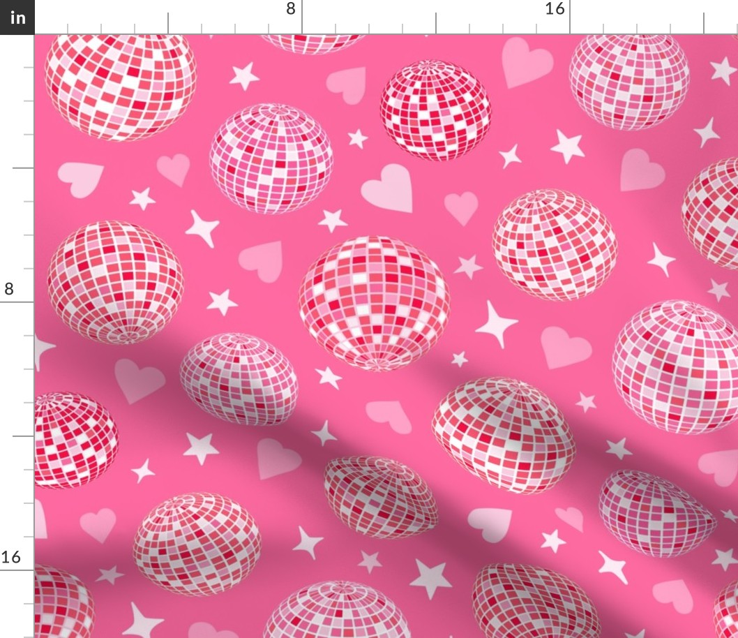 Disco ball Valentine with hearts and sparkling stars in pinks, light pink, red and white. // Med