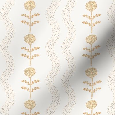 Block Printed Carnation Flowers with Dotted Wavy Stripes in Pastel Peachy Yellow | Floral Wallpaper