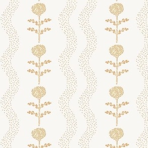 Block Printed Carnation Flowers with Dotted Wavy Stripes in Pastel Peachy Yellow | Floral Wallpaper