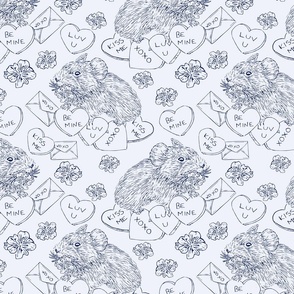 Hand Drawn Vintage Valentines Day Pika Damask Pattern with Flowers and Hearts Medium Scale Ink