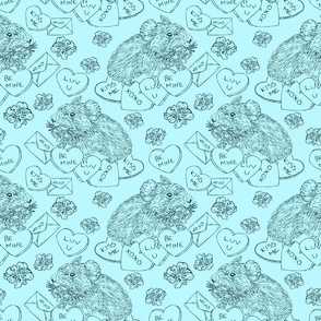 Hand Drawn Vintage Valentines Day Pika Damask Pattern with Flowers and Hearts Small Scale Aqua