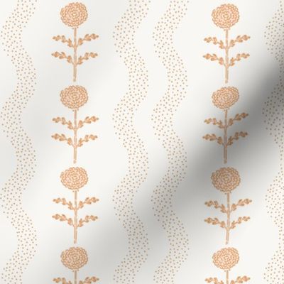 Block Printed Carnation Flowers with Dotted Wavy Stripes in Pastel Peachy Orange | Floral Wallpaper