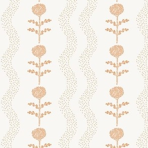Block Printed Carnation Flowers with Dotted Wavy Stripes in Pastel Peachy Orange | Floral Wallpaper