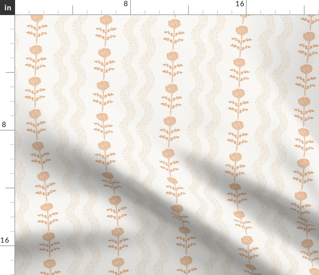 Block Printed Carnation Flowers with Dotted Wavy Stripes in Pastel Peachy Orange | Floral Wallpaper