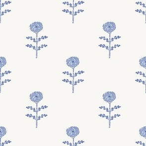 Block Printed Carnation Flowers in Soft Blues | Scattered Floral Wallpaper  