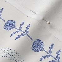 Block Printed Carnation Flowers with Dotted Wavy Stripes in Soft Blues | Floral Wallpaper