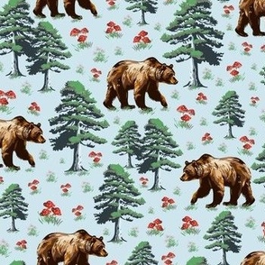 Hungry Brown Bear, Retro Mama Bear, Pine Green Forest Trees Theme, Grizzly Wild Brown Bear Animal Pattern, Wildflower Meadow, Red White Capped Spotted Mushrooms on Vintage Blue, Mamma Bear Forest Walking, Small Woodland Flowers, Small Scale