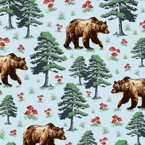 Vintage Brown Bear and Woodland Forest Theme, Wild Grizzly Bears Animal Pattern, WildFlowers and Toadstools on Blue (Medium Scale)