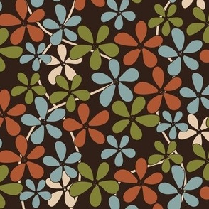 (S) Ditsy Retro Simple Flowers 70s Colors on Dark Brown 10.5" x 10.5"