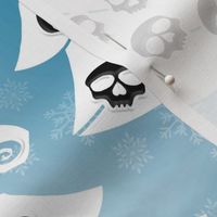 White Christmas Trees With Black Skulls | Light Blue Snowflake Background