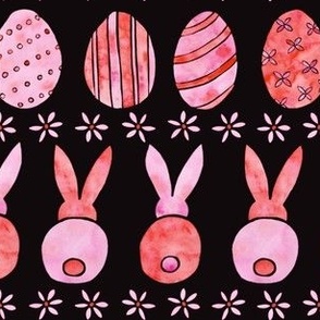 Easter Bunnies and Eggs | Watercolor | Pink, Red and Black