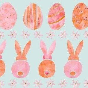 Easter Bunnies and Eggs | Watercolor | Mint green, Pink and Orange