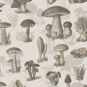 VINTAGE MUSHROOMS MUTED COLORS - LINEN TEXTURE, LARGE SCALE