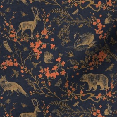 Spring Woodland Toile (black orange / linen) MED 