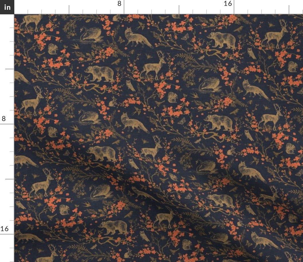 Spring Woodland Toile (black orange / linen) MED 