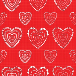 Large - White Decorative Hearts of Love on Crimson Red 
