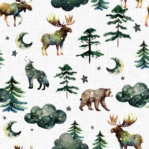 white linen no. 2 enchanted forestwood: bears, wolves, moose, moons, trees, clouds, stars