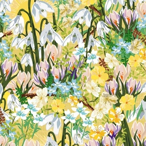 Spring Flowers Sunshine Snowdrops, Yellow Winter Jasmine Flowers, Mauve Crocus Flowers, Sunny Day Floral Linen Texture (Large Scale)