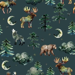 175-16 enchanted forestwood: bears, wolves, moose, moons, trees, clouds, stars