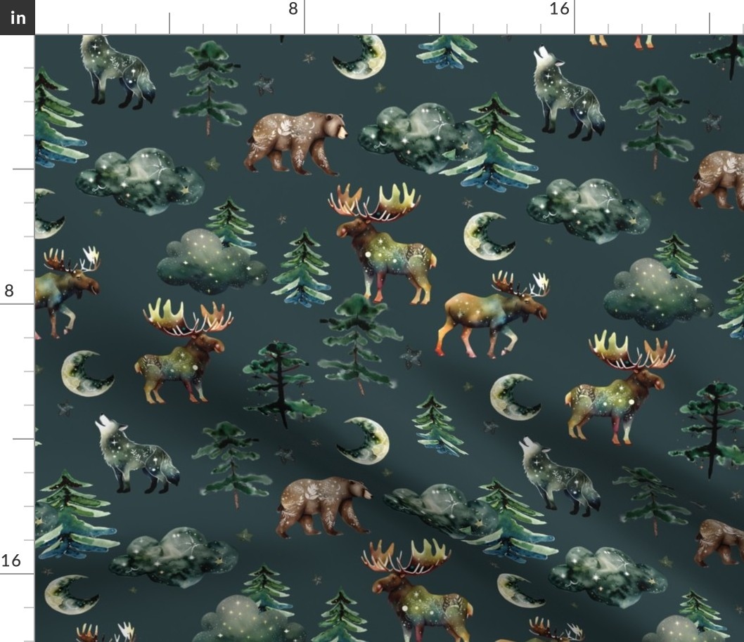 175-16 enchanted forestwood: bears, wolves, moose, moons, trees, clouds, stars