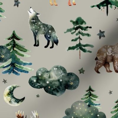 178-2 enchanted forestwood: bears, wolves, moose, moons, trees, clouds, stars, alaska, canada
