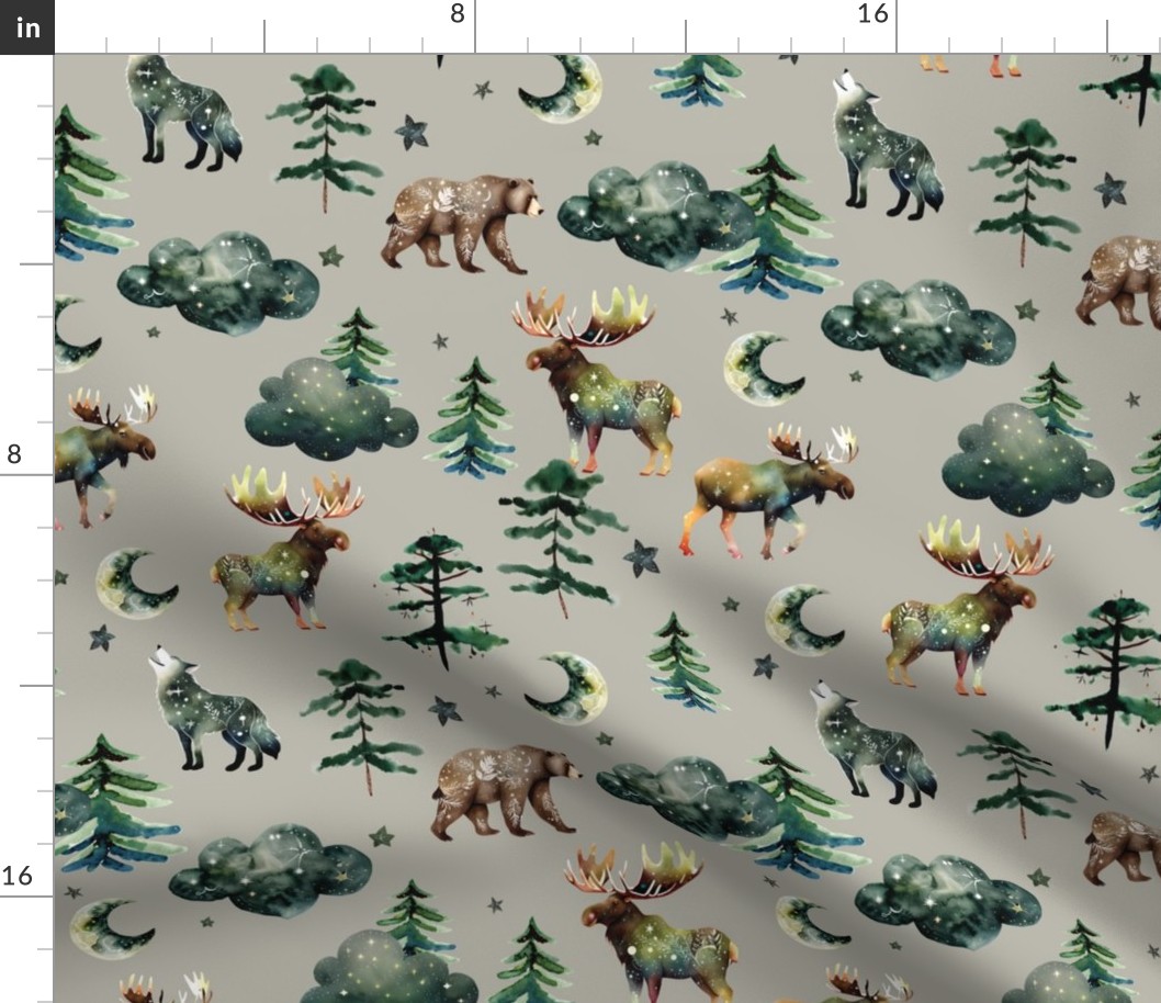 178-2 enchanted forestwood: bears, wolves, moose, moons, trees, clouds, stars, alaska, canada