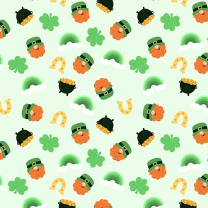St Patricks Leprechaun on Light Green, Shamrocks, Green Rainbows, Horseshoes, and Pot of Gold on Light Green, Cute Leprechaun, Leprechaun Fabric, St Pattys Day, St Patrick Fabric